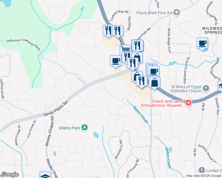 map of restaurants, bars, coffee shops, grocery stores, and more near 4569 Chatsworth Overlook in Roswell