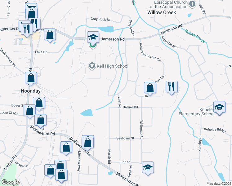 map of restaurants, bars, coffee shops, grocery stores, and more near 4555 Jamerson Forest Parkway in Marietta