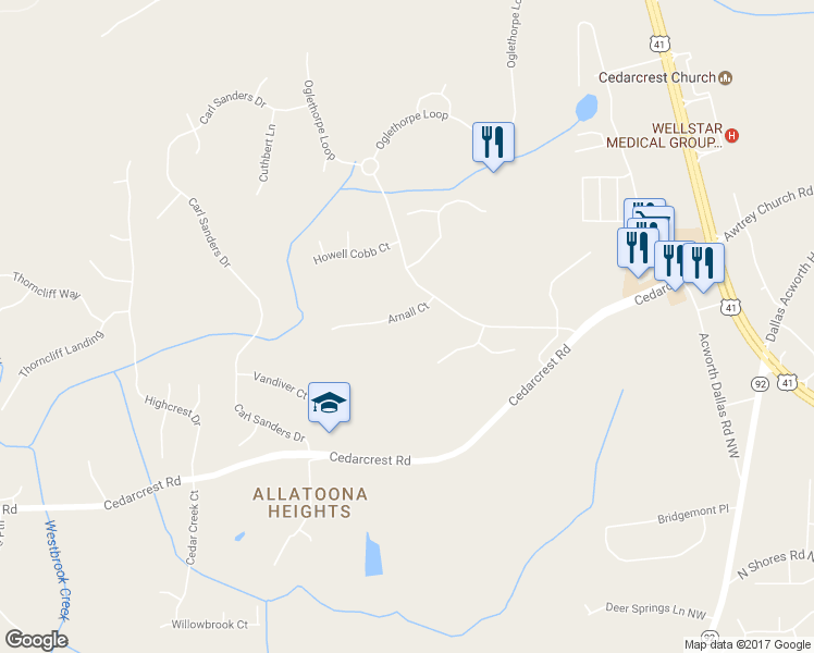 map of restaurants, bars, coffee shops, grocery stores, and more near 6213 Arnall Court in Acworth