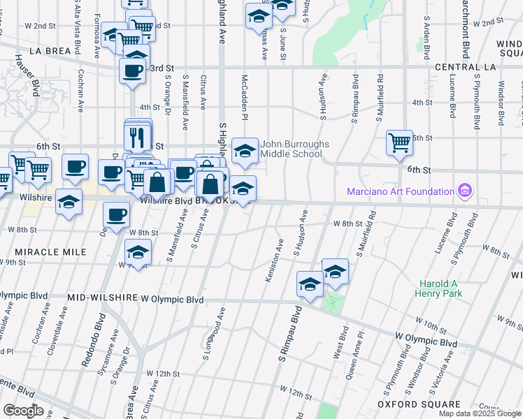 map of restaurants, bars, coffee shops, grocery stores, and more near 4854 Wilshire Boulevard in Los Angeles