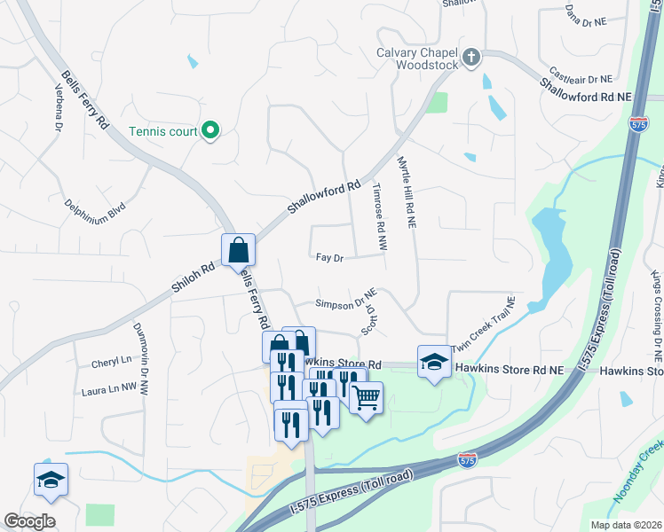 map of restaurants, bars, coffee shops, grocery stores, and more near 240 Fay Drive in Kennesaw