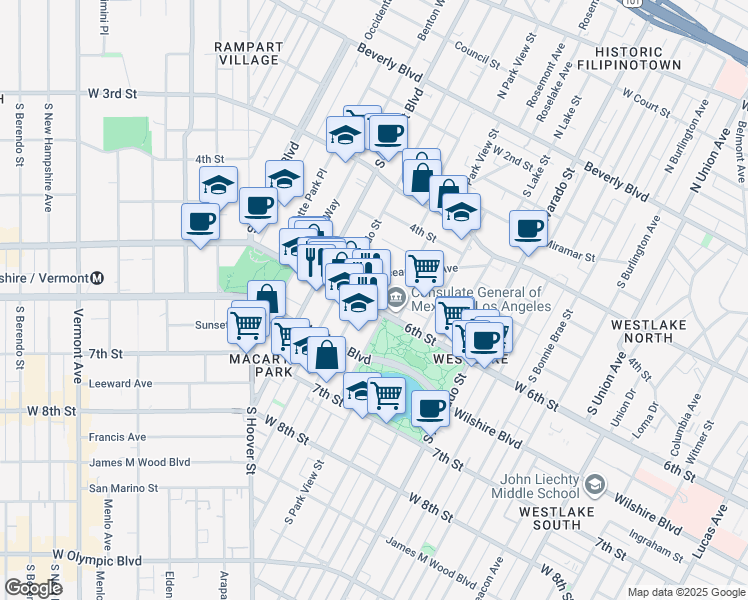 map of restaurants, bars, coffee shops, grocery stores, and more near in Los Angeles