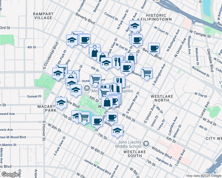 map of restaurants, bars, coffee shops, grocery stores, and more near 442 South Lake Street in Los Angeles