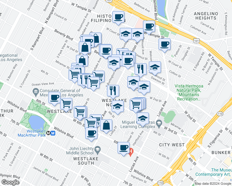 map of restaurants, bars, coffee shops, grocery stores, and more near 264 South Union Avenue in Los Angeles