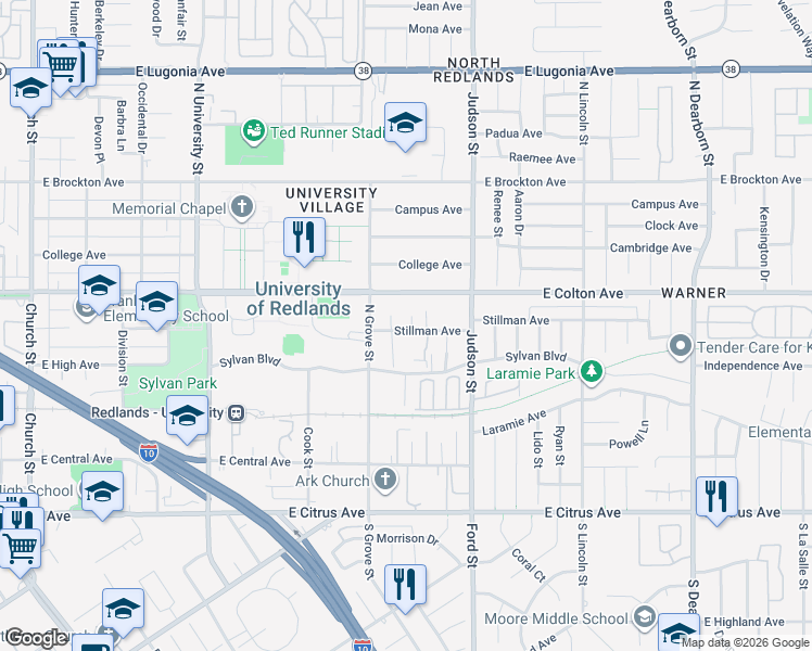 map of restaurants, bars, coffee shops, grocery stores, and more near 1321 Stillman Avenue in Redlands