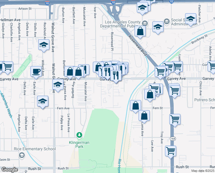 map of restaurants, bars, coffee shops, grocery stores, and more near 9048 Garvey Avenue in Rosemead