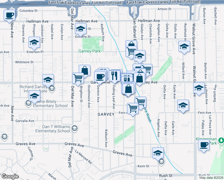 map of restaurants, bars, coffee shops, grocery stores, and more near 2736 Falling Leaf Avenue in Rosemead