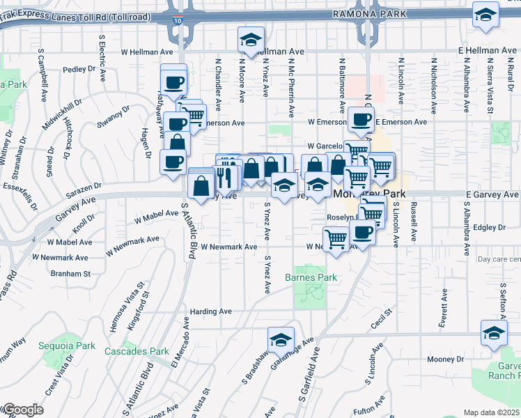 map of restaurants, bars, coffee shops, grocery stores, and more near 123 South Ynez Avenue in Monterey Park