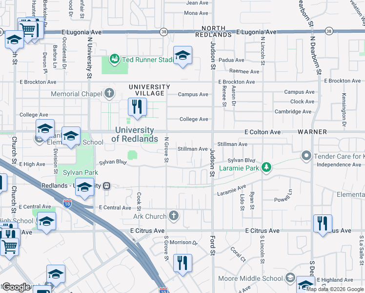 map of restaurants, bars, coffee shops, grocery stores, and more near 1321 Stillman Avenue in Redlands