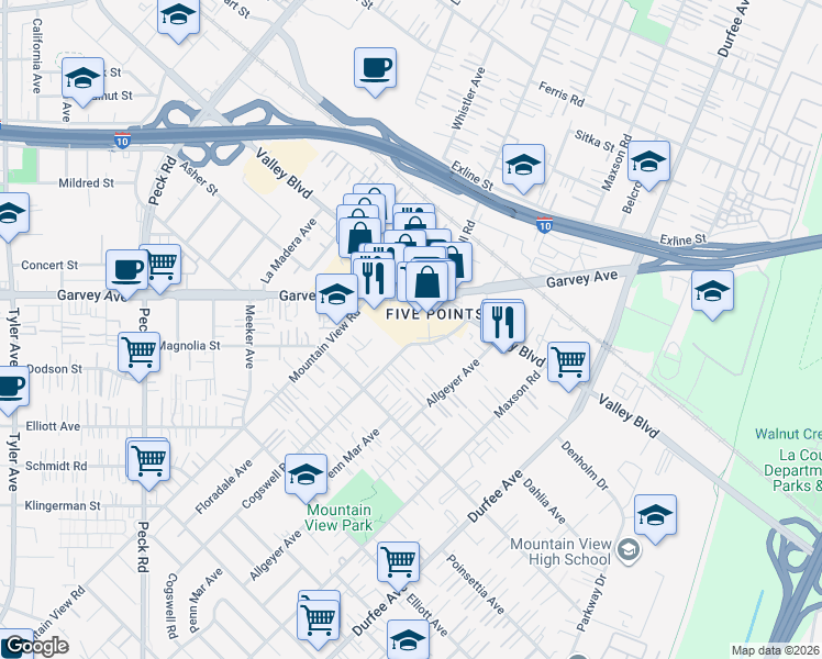 map of restaurants, bars, coffee shops, grocery stores, and more near 11990 Valley Boulevard in El Monte