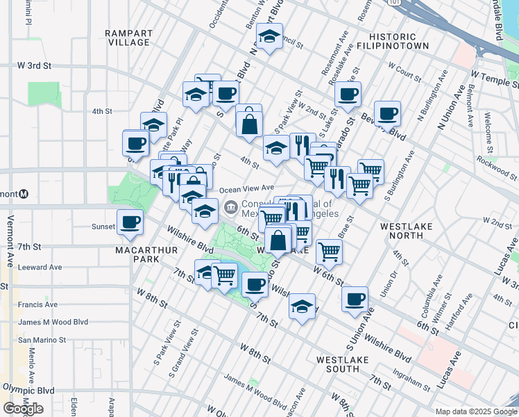map of restaurants, bars, coffee shops, grocery stores, and more near 437 South Grand View Street in Los Angeles