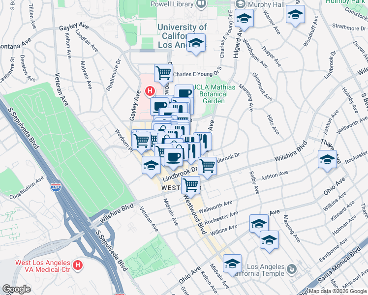 map of restaurants, bars, coffee shops, grocery stores, and more near 1040 Glendon Avenue in Los Angeles