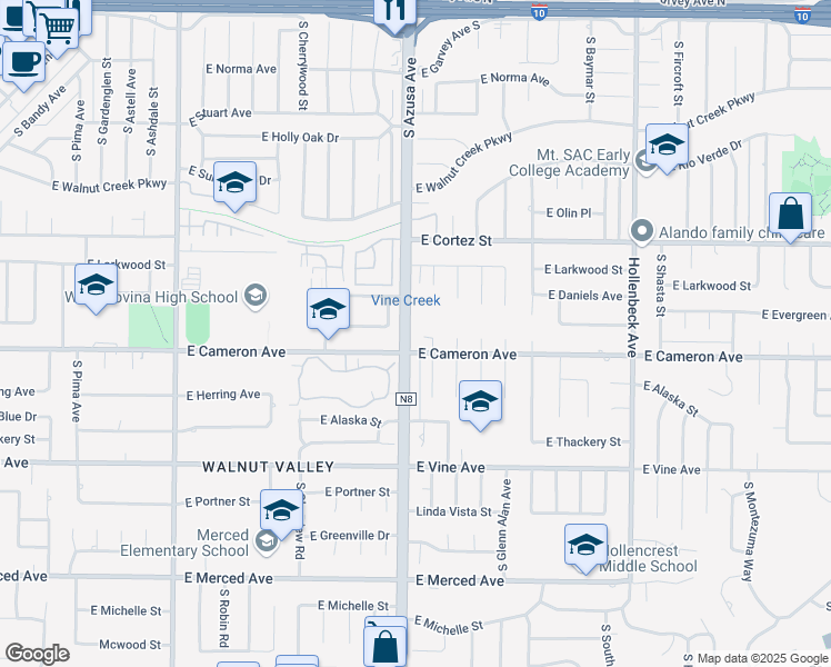 map of restaurants, bars, coffee shops, grocery stores, and more near 718s South Azusa Avenue in West Covina