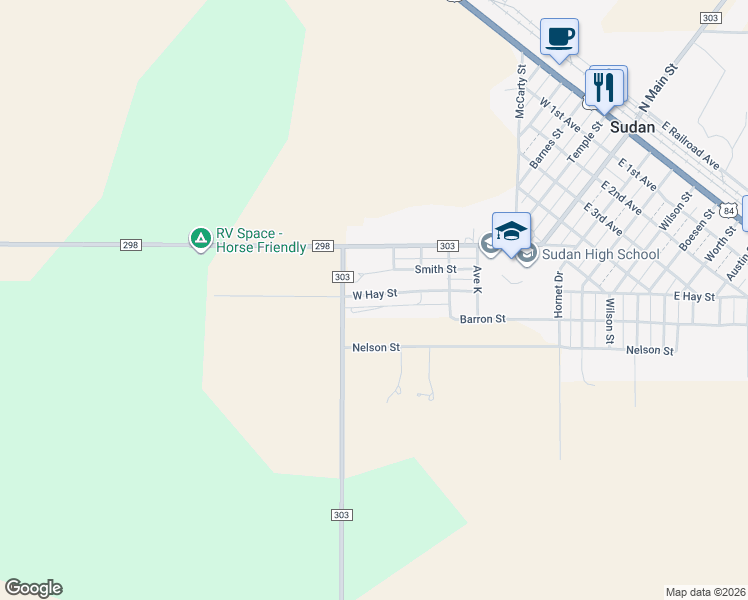 map of restaurants, bars, coffee shops, grocery stores, and more near 401 West Hay Street in Sudan