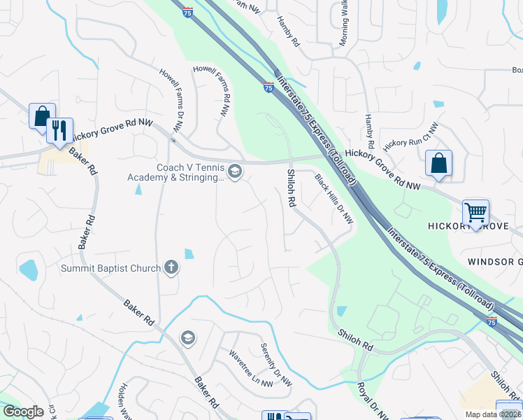 map of restaurants, bars, coffee shops, grocery stores, and more near 4182 Glenaire Way Northwest in Acworth