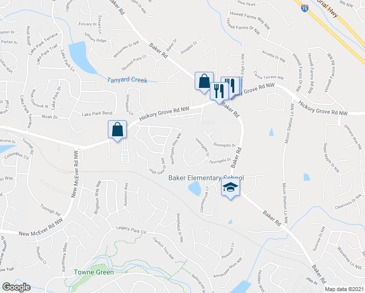map of restaurants, bars, coffee shops, grocery stores, and more near 4314 Thorngate Lane in Acworth