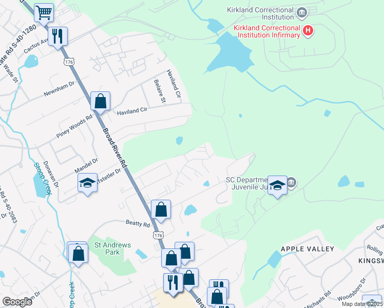 map of restaurants, bars, coffee shops, grocery stores, and more near 3830 Broad River Road in Columbia