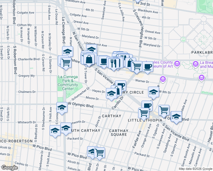 map of restaurants, bars, coffee shops, grocery stores, and more near 6449 Commodore Sloat Drive in Los Angeles