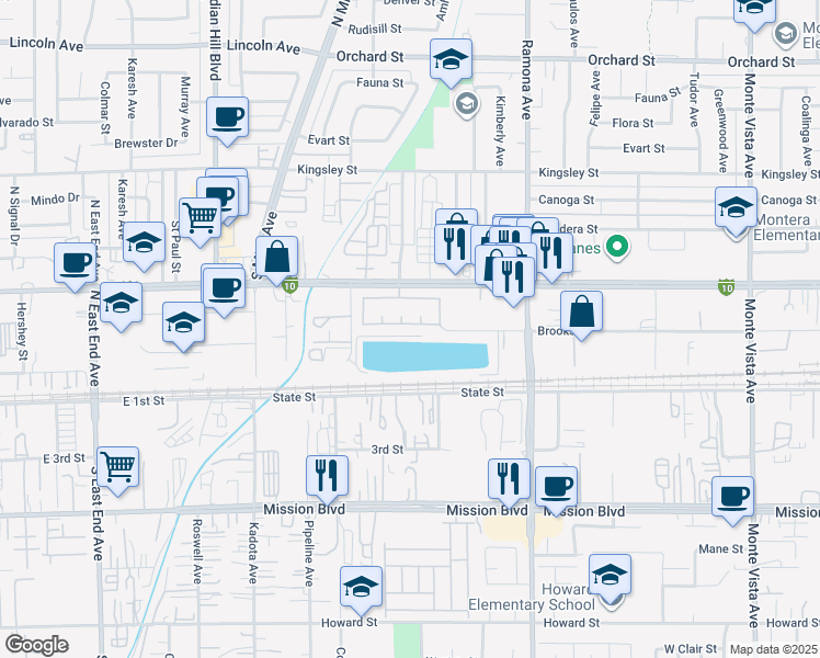 map of restaurants, bars, coffee shops, grocery stores, and more near 4287 Clydesdale Way in Montclair