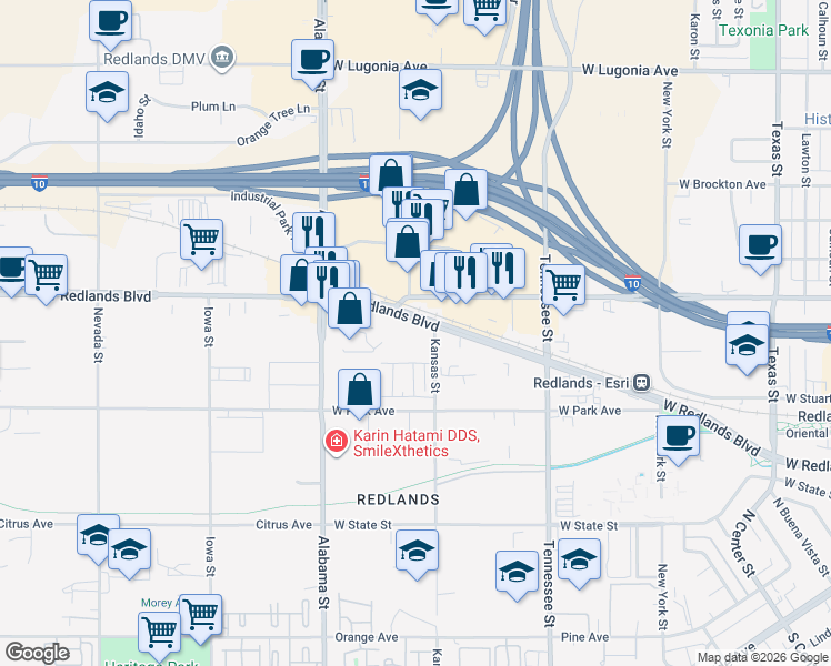 map of restaurants, bars, coffee shops, grocery stores, and more near 1409 West Redlands Boulevard in Redlands