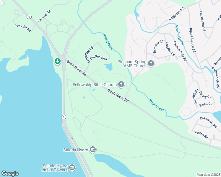 map of restaurants, bars, coffee shops, grocery stores, and more near 6130 Bush River Road in Columbia