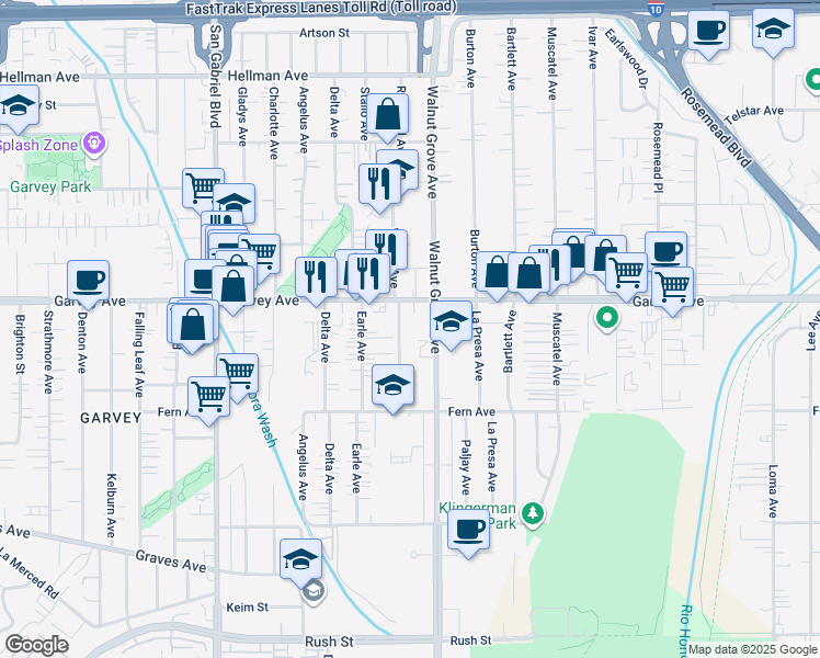 map of restaurants, bars, coffee shops, grocery stores, and more near 7948 Emerson Place in Rosemead
