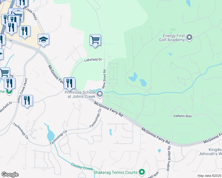 map of restaurants, bars, coffee shops, grocery stores, and more near 8240 Georgetown Circle in Suwanee
