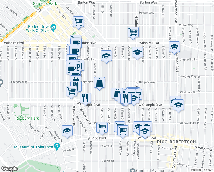 map of restaurants, bars, coffee shops, grocery stores, and more near 300 South Rexford Drive in Beverly Hills