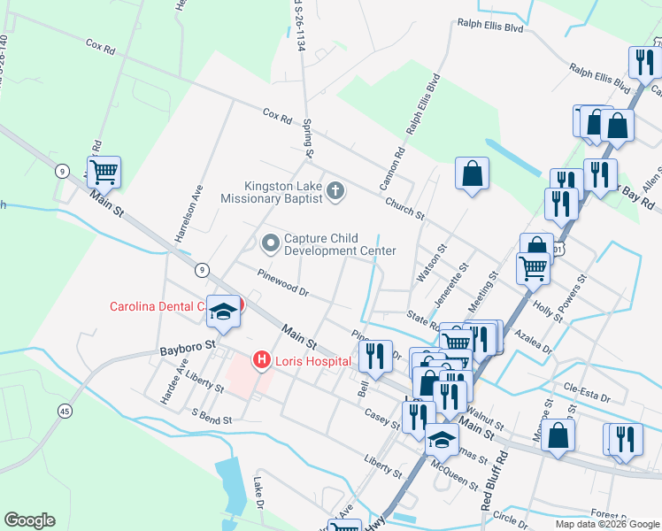map of restaurants, bars, coffee shops, grocery stores, and more near 4491 Stevens Street in Loris