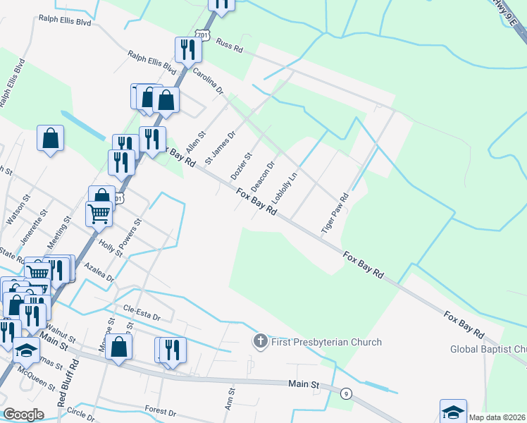 map of restaurants, bars, coffee shops, grocery stores, and more near 152 Fox Dale Drive in Loris