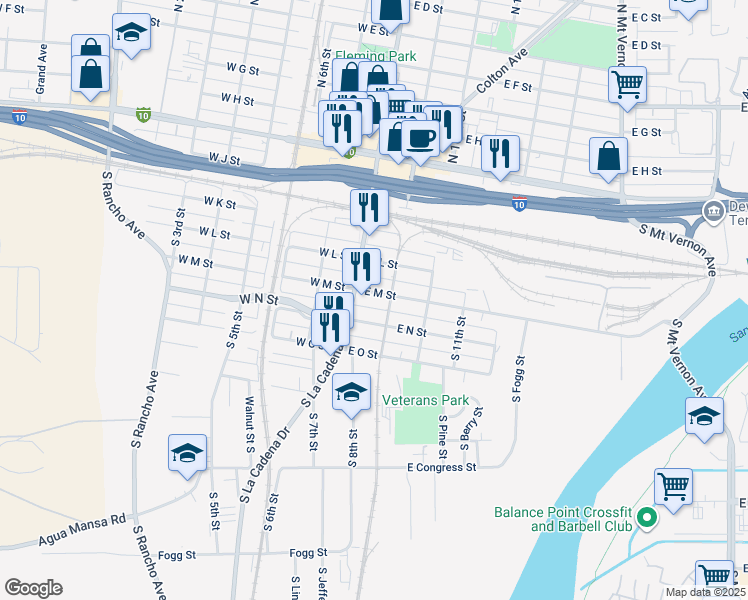 map of restaurants, bars, coffee shops, grocery stores, and more near 295 South 9th Street in Colton