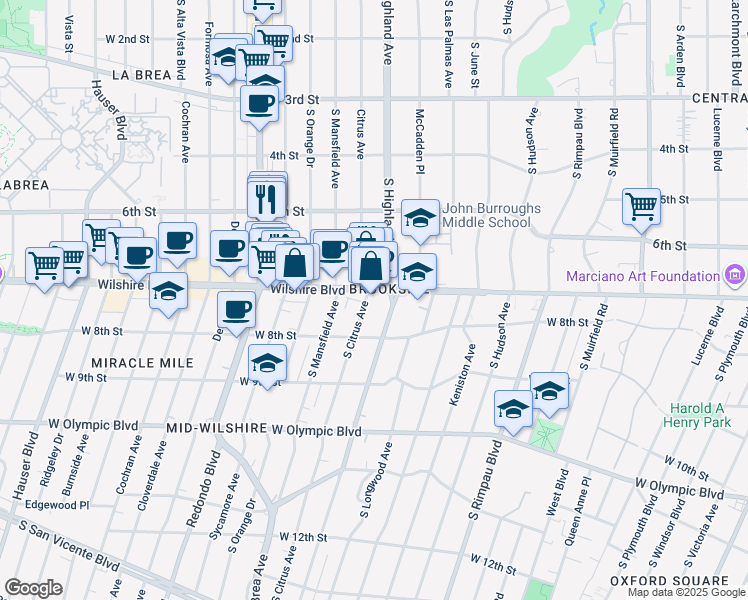 map of restaurants, bars, coffee shops, grocery stores, and more near 5050 Wilshire Boulevard in Los Angeles