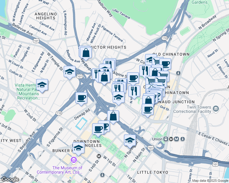 map of restaurants, bars, coffee shops, grocery stores, and more near 817 West Cesar Estrada Chavez Avenue in Los Angeles