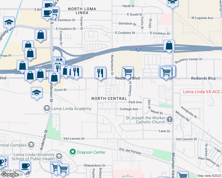 map of restaurants, bars, coffee shops, grocery stores, and more near 43 Crooks Street in Loma Linda