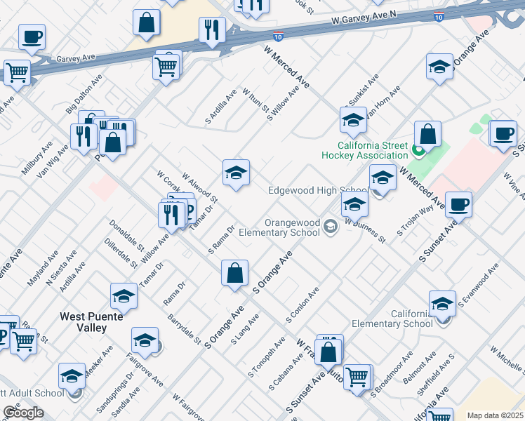 map of restaurants, bars, coffee shops, grocery stores, and more near 1521 South Sunkist Avenue in West Covina