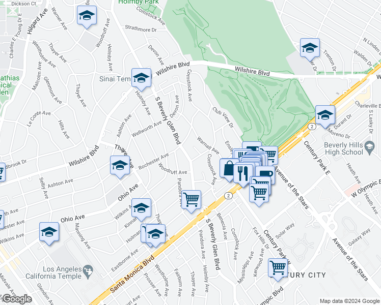 map of restaurants, bars, coffee shops, grocery stores, and more near 1425 Crestview Court in Los Angeles
