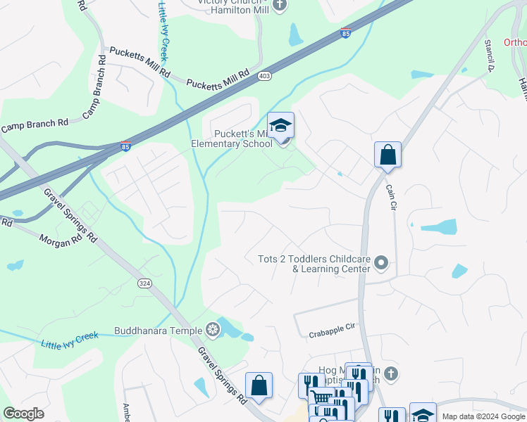 map of restaurants, bars, coffee shops, grocery stores, and more near 2345 Ashton Ridge Drive in Dacula