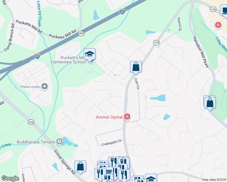 map of restaurants, bars, coffee shops, grocery stores, and more near 2287 Ironwood Hill Court in Dacula