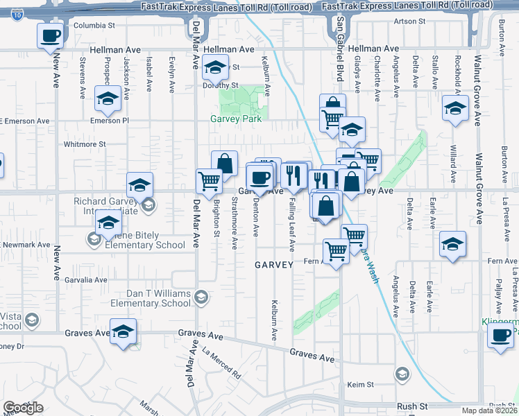 map of restaurants, bars, coffee shops, grocery stores, and more near 2741 Kelburn Avenue in Rosemead