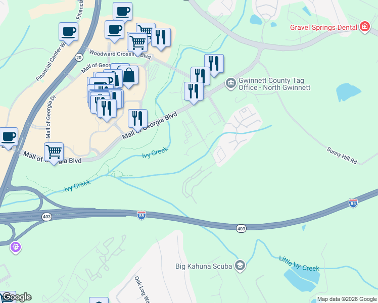map of restaurants, bars, coffee shops, grocery stores, and more near 1833 Appaloosa Mill Court Northeast in Buford