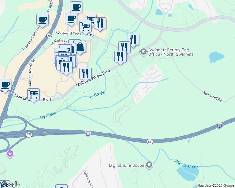 map of restaurants, bars, coffee shops, grocery stores, and more near 1833 Appaloosa Mill Court Northeast in Buford