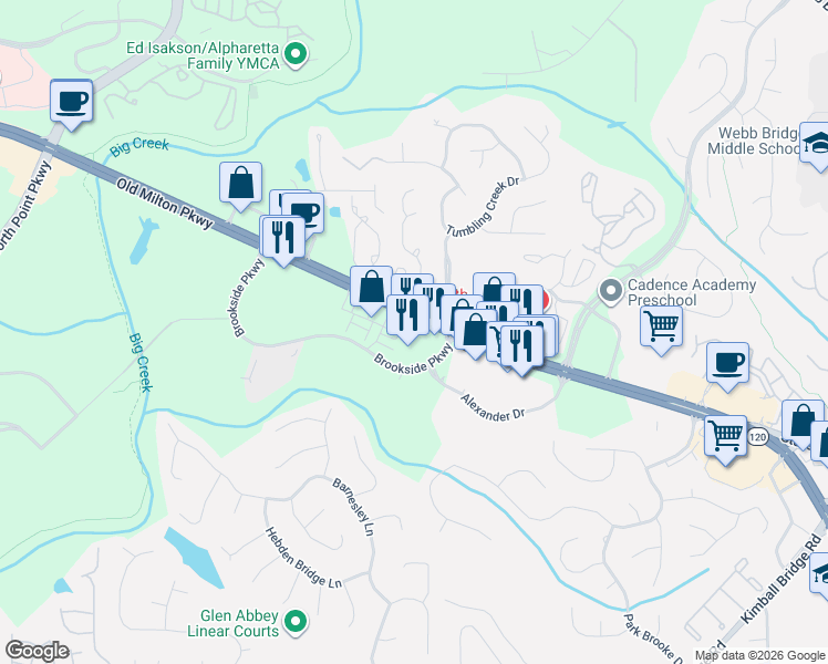 map of restaurants, bars, coffee shops, grocery stores, and more near 3855 Old Milton Parkway in Alpharetta