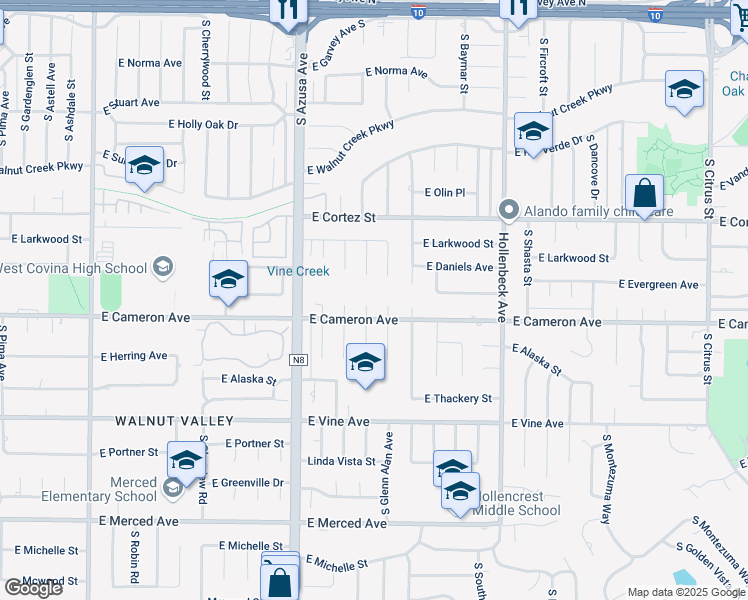 map of restaurants, bars, coffee shops, grocery stores, and more near 734 South Terri Ann Drive in West Covina