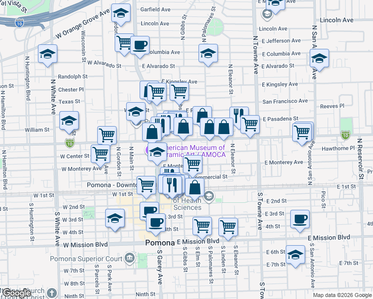 map of restaurants, bars, coffee shops, grocery stores, and more near 400 North Gibbs Street in Pomona