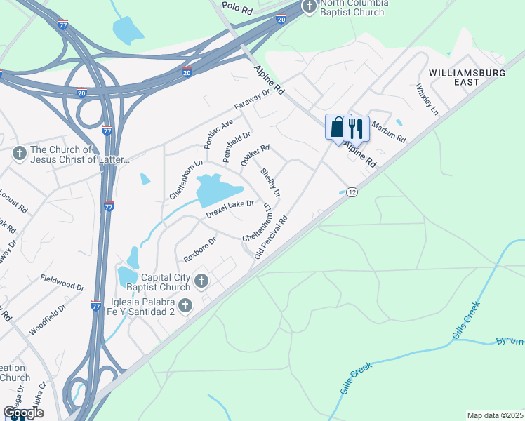 map of restaurants, bars, coffee shops, grocery stores, and more near 1865 Cheltenham Lane in Columbia