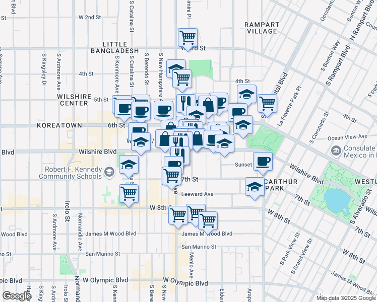map of restaurants, bars, coffee shops, grocery stores, and more near 3150 Wilshire Boulevard in Los Angeles