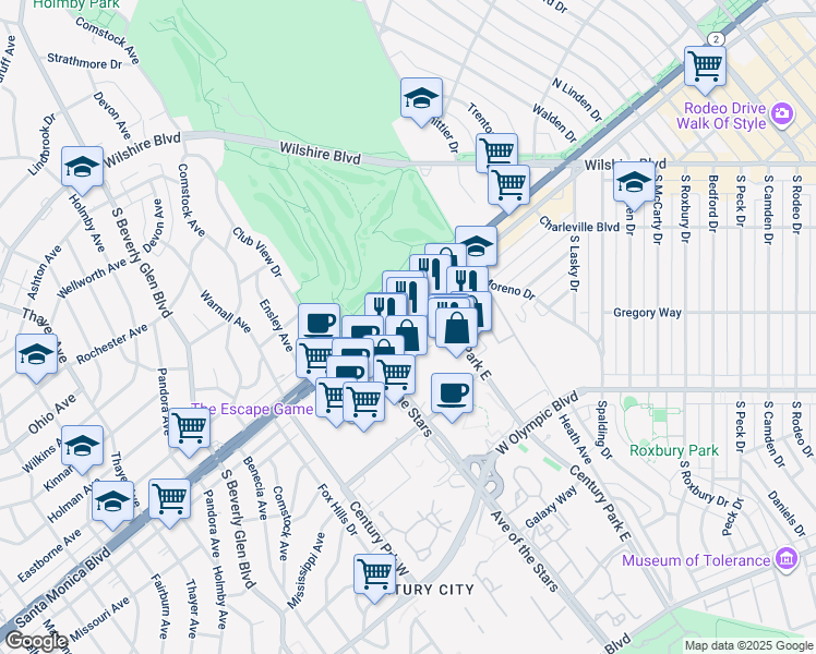 map of restaurants, bars, coffee shops, grocery stores, and more near 10100 Santa Monica Boulevard in Los Angeles