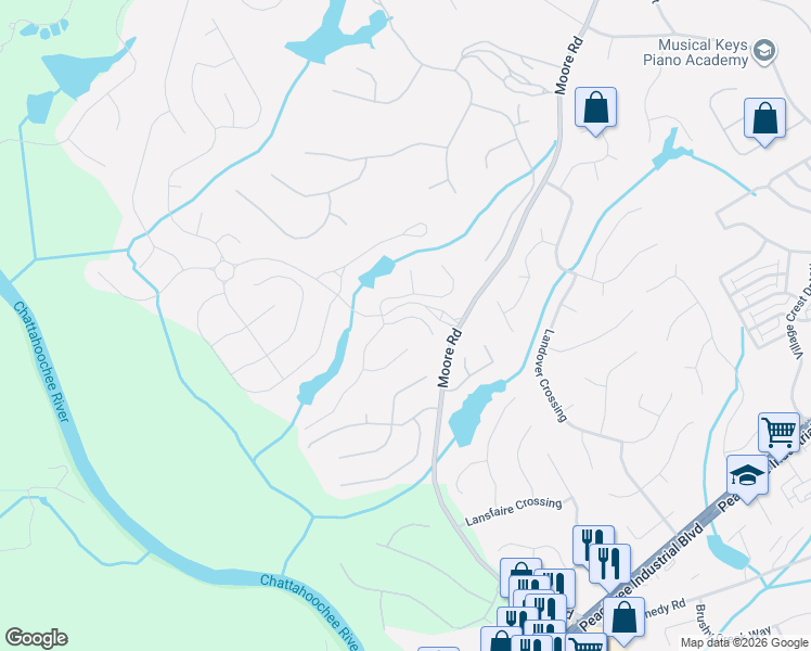 map of restaurants, bars, coffee shops, grocery stores, and more near 4554 Allen Hollow Place in Suwanee