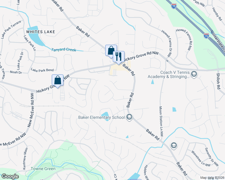 map of restaurants, bars, coffee shops, grocery stores, and more near 4450 Thorngate Lane in Acworth