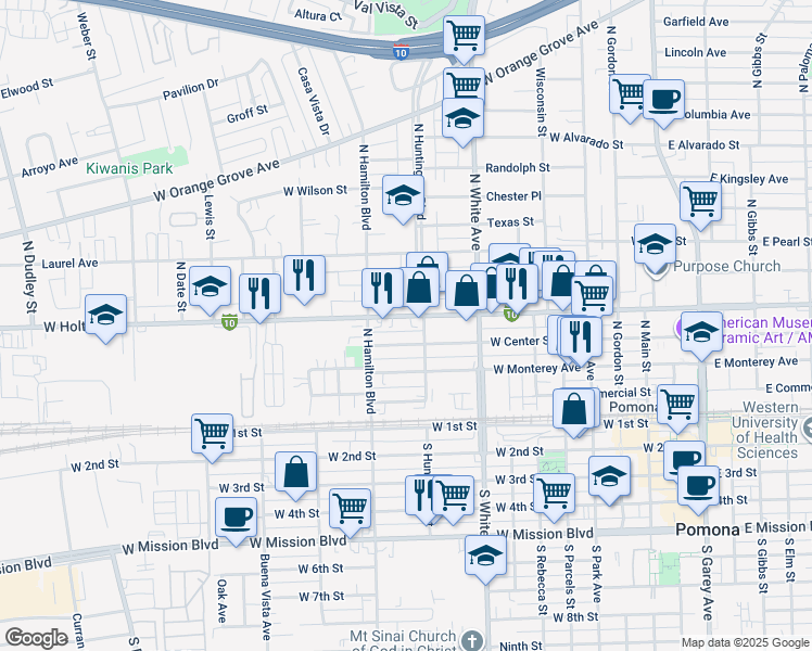 map of restaurants, bars, coffee shops, grocery stores, and more near 730 West Holt Avenue in Pomona